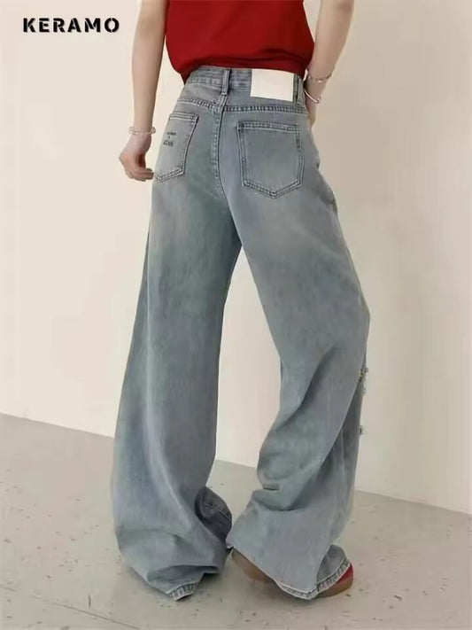 Casual Sweet Ripped Harajuku Loose Fit Jeans Vintage Y2K Damage Emo Cartoon Print Pants Women's Trashy Kpop Denim Trouser