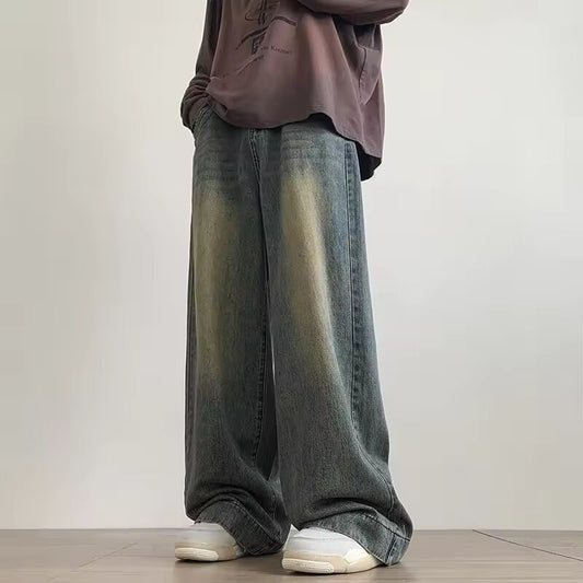 Distressed Vintage Blue Jeans Pants Men Wide-leg Denim Trousers Male Oversize Streetwear Fashion Casual Baggy Straight Jeans