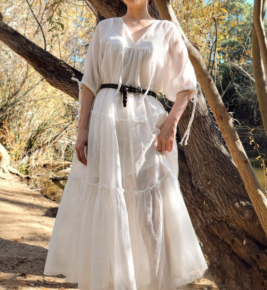 Sheer Ramie Milkmaid Dress - Puff Sleeve Peasant Chemise Underdress in Natural White